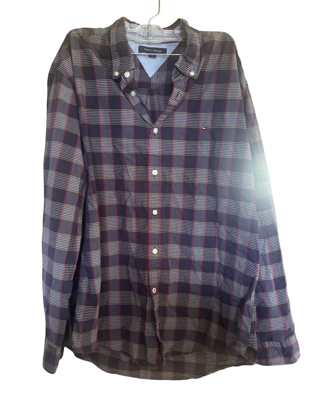 Tommy Hilfiger Navy and Red Plaid Long-Sleeve Button-Down Shirt